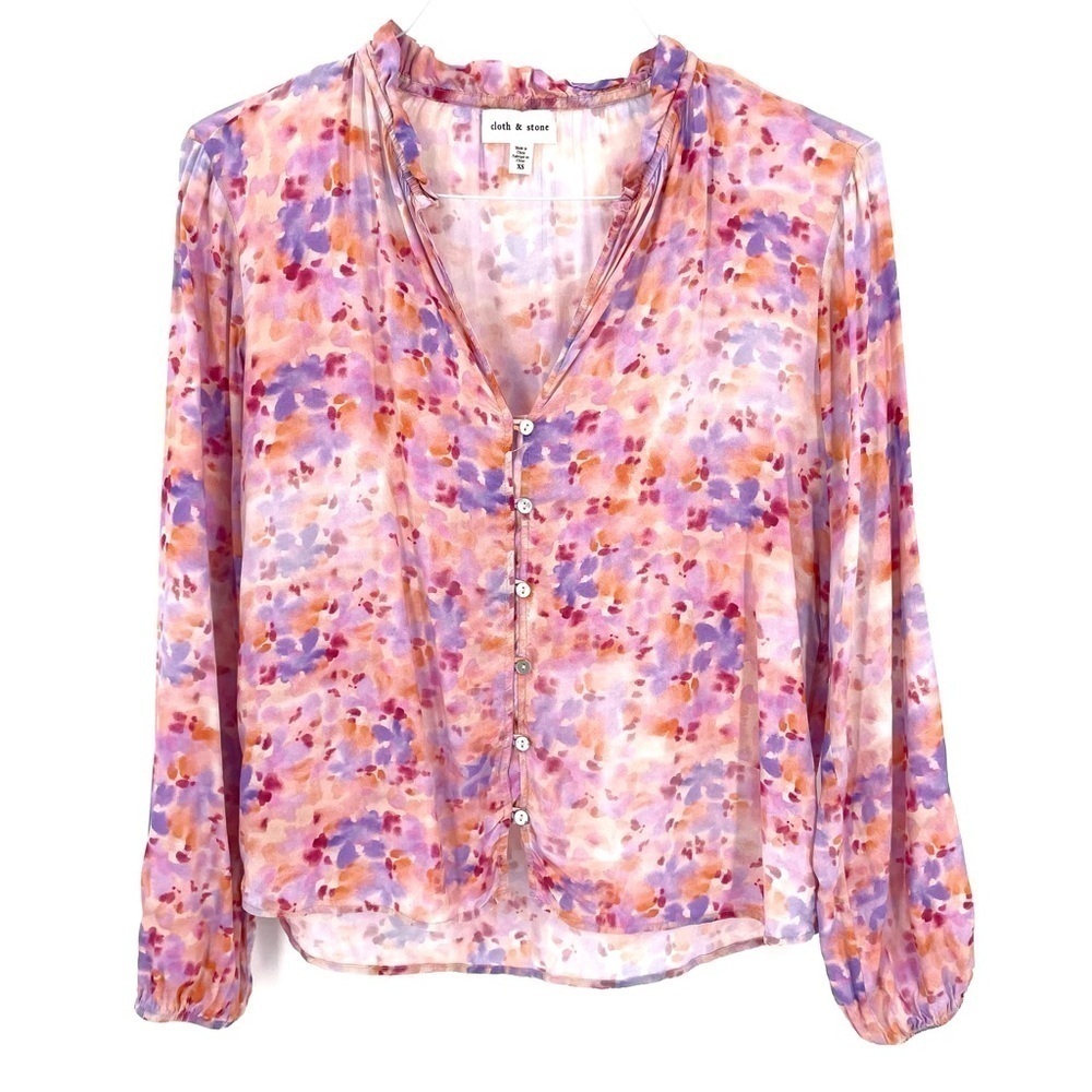 ANTHROPOLOGIE Cloth & Stone Ruffle-Neck Buttondown Watercolor Printed Blouse Top - Picture 4 of 9